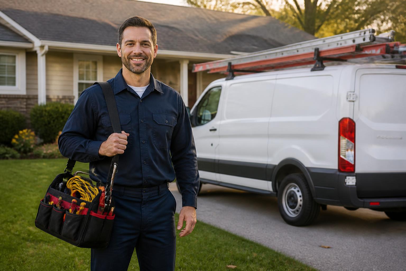 Valued Home Services electrical technician beside a service van at a customer's home
