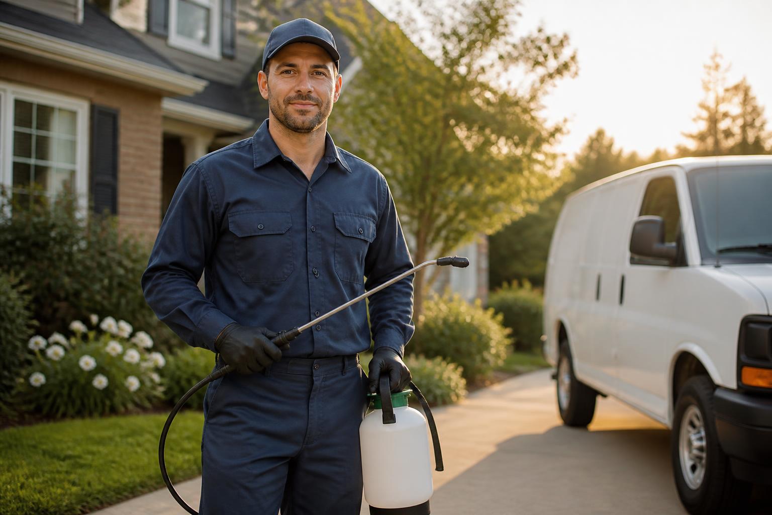 Valued Home Services pest control technician beside a service van at a customer's home