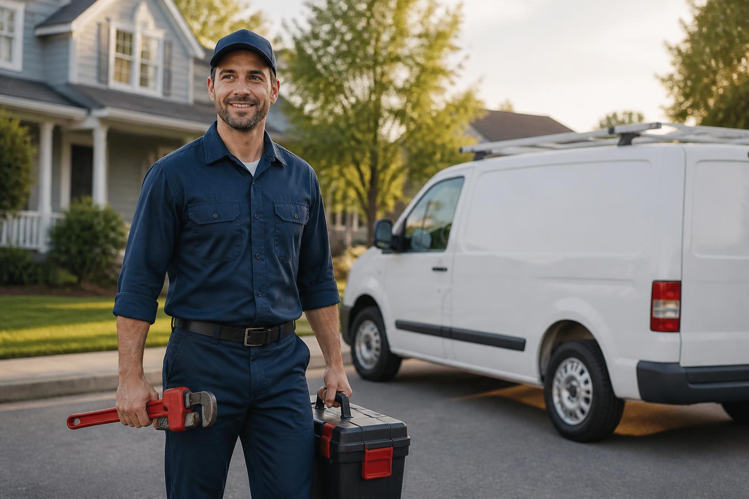 Valued Home Services plumbing technician beside a service van at a customer's home