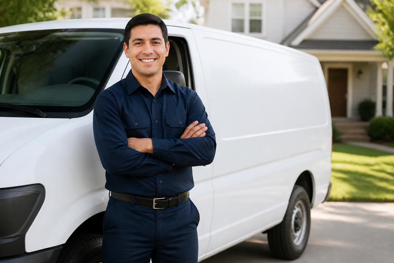 Valued Home Services technician beside a service van at a customer's home